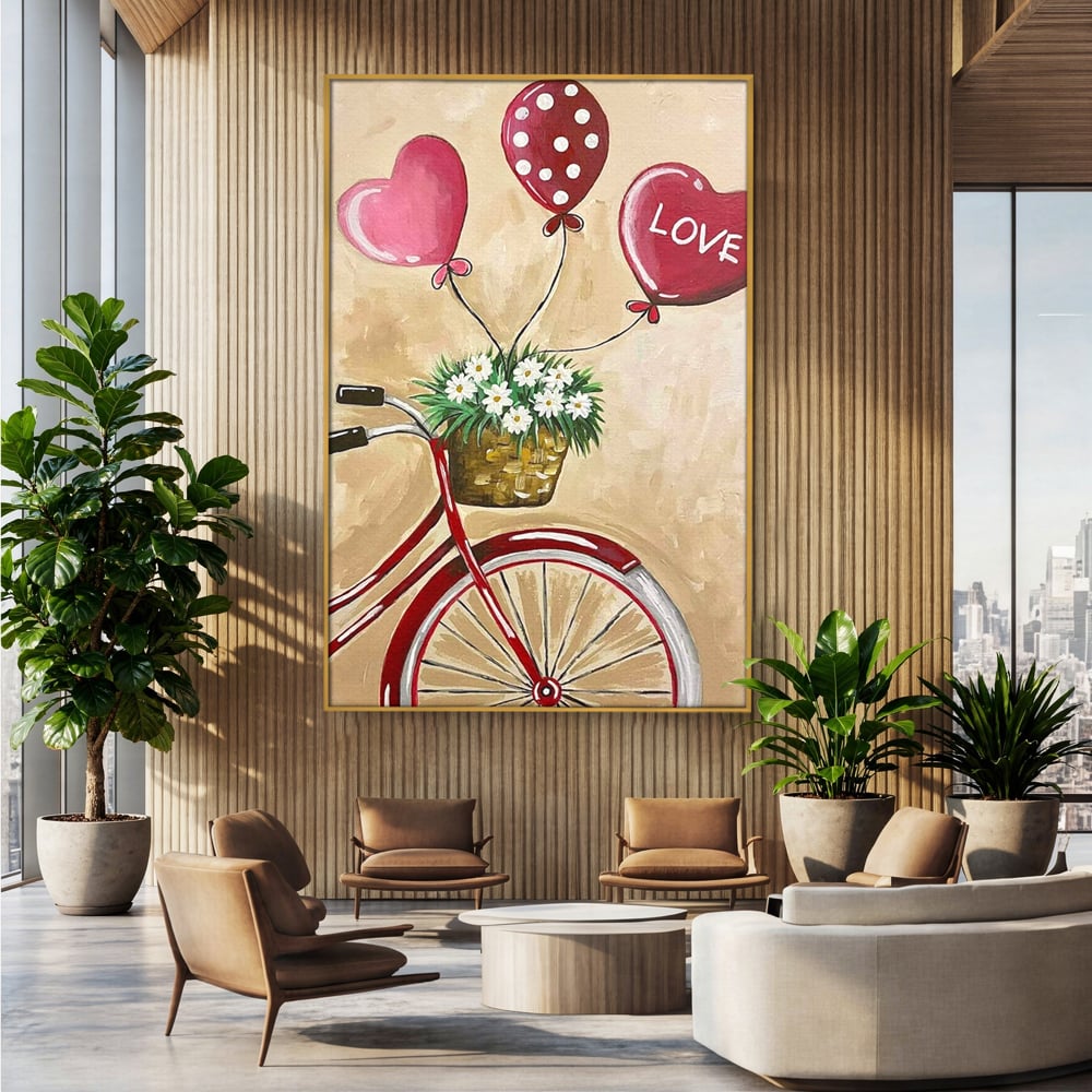 Tablou canvas cu pictura cu bicicleta vintage si baloane, in rama de aluminiu auriu, pe perete intr-un birou